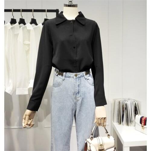 Womens Spring Autumn Runway Fashion Long Sleeve Black Chiffon Shirt Female Casual Loose Blouse Tees Tops TB1668