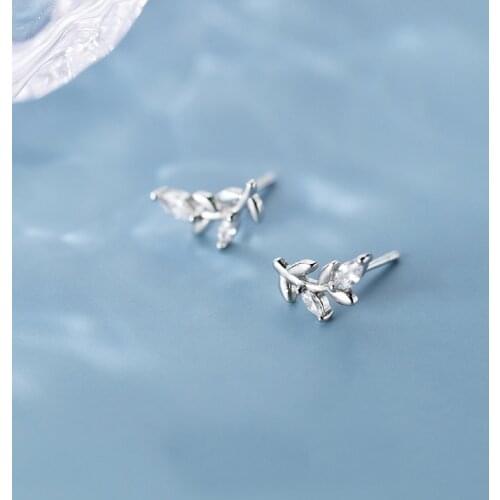 MloveAcc Authentic 925 Sterling Silver Spring Leaf Leaves Clear CZ Zircon Stud Earrings for Women Fashion Earrings Jewelry
