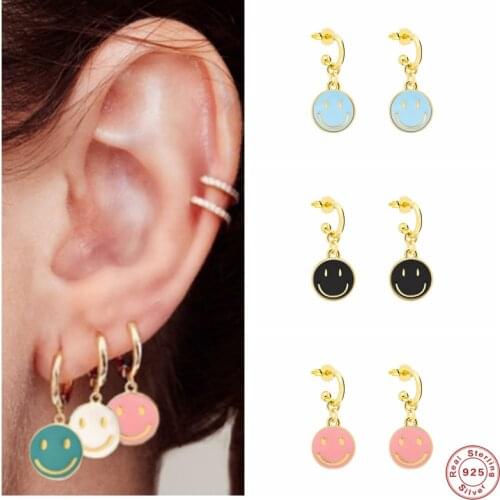 Aide 925 Sterling Silver Colorful Enamel Smiley Face Round Charm Dangle Earrings For Women C Shape Circle Pendant Drop Earrings