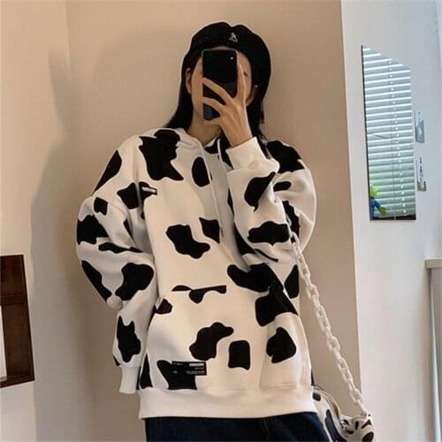 Women Hoodies Hot Sale Harajuku Cow Printing Hip Hop Korean Casual Loose Student Streetwear Pullovers Sweatshirts