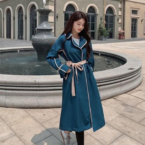 Vintage Color Matching Lace Up Mid-length Loose Thin Trench Coat Women Plus Sashes Spring Fall Korean Casual Female Windbreaker