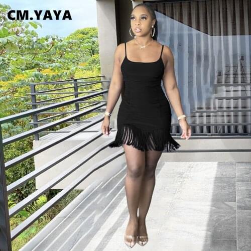 CM.YAYA Women Tassel Hem Mini Dress Summer Spaghetti Strap Sleeveless Bodycon A-line Beach Sexy Night Party Casual Basic Dresses