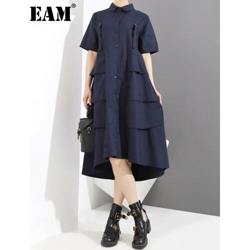 [EAM] Women Blue Layers Buckle Split Midi Dress New Lapel Short Sleeve Loose Fit Fashion Tide Spring Summer 2021 1T437