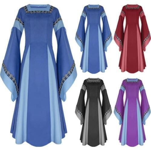 WomanLong Pagoda Sleeves Floor-Length Dress Medieval Gothic Dresses Multi Color Adult Halloween Cosplay Costumes Carnival Dress