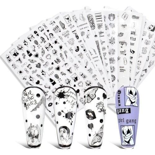 1PC Stickers for Nails Designs White Black Flower Leaf Linear Manicure Sliders 3D Nail Art Decorations sticker Decal