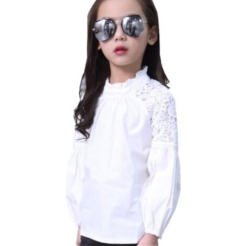 White Puff Sleeve Blouses for Baby Girls Cute Long Sleeve Floral Lace Children School Shirt Kids Teeange Blouses Clothes Tops