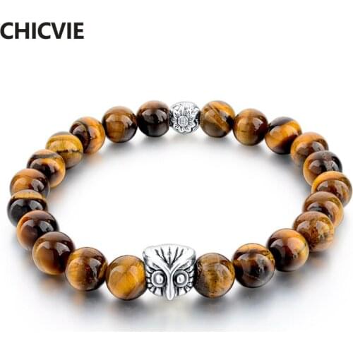 CHICVIE Tiger Eye Beads Natural Stone Charm Bracelets & Bangles For Women Silver Color Owl Strand Vintage Men Jewelry SBR160029