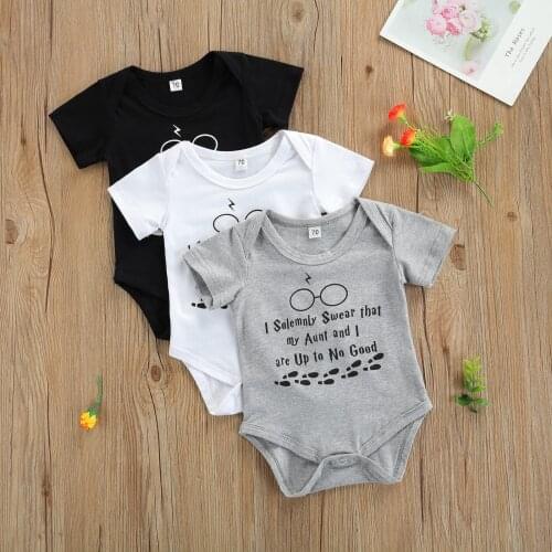 Baby Boys Clothes Summer Casual Short Sleeve Bodysuits Letters Printed Pattern Round Collar Jumpsuits White/ Black/ Grey 0-18M