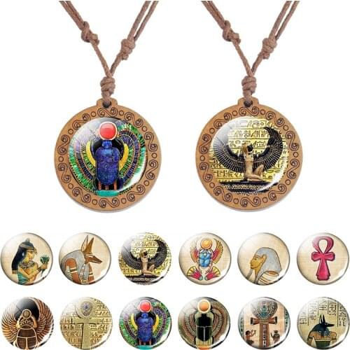 Ancient Egyptian Necklace Ankh Glass Dome Wooden Pendant Rope Chian Necklaces Egypt Cross Anubis Scarab Isis Goddess Jewelry