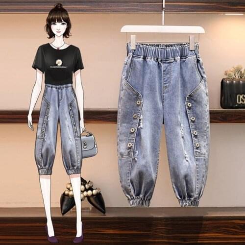 Design All-Matched Casual Jeans Plus Size Summer Fashion Women Elastic Waist Loose Calf-Length Denim Harem Pants Button