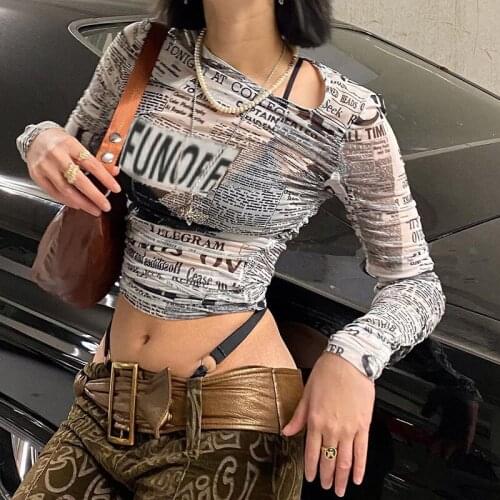 Puloru Y2K Vintage Newspaper Print See-through Mesh T-shirt Sexy Women Long Sleeve Round Neck Crop Tops Streetwear Punk Tees