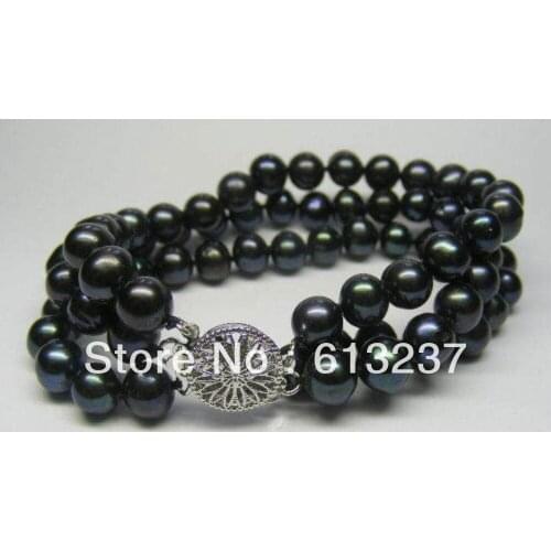 Hot free Shipping new 2014 Fashion Style diy 3 ROWS 7-8MM Black Akoya Cultured Pearl Bracelet 7.5" beads jewelry making YE2087