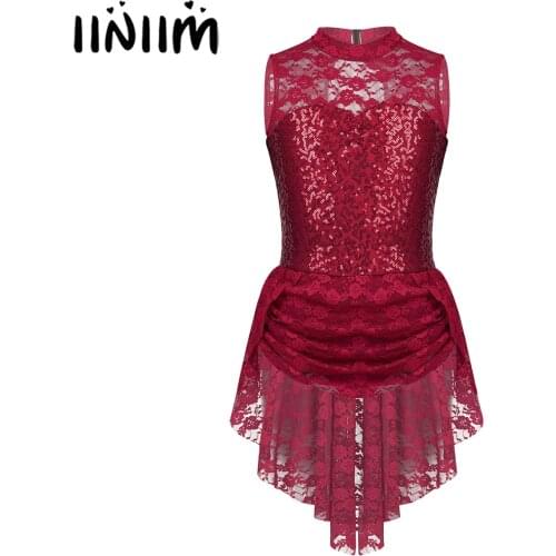 Iiniim Kids Girls Sequins Ice Figure Skating Dress Lace Print Gymnastics Leotard Costumes for Teen Ballerina Dance Tutu Dress