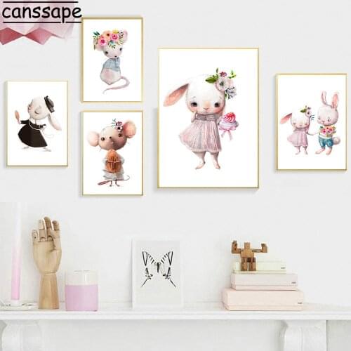 Mouse Bear Rabbit Fox Nursery Poster Canvas Painting Flower Bunny Animal Prints Nordic Wall Art Pictures Baby Kids Room Decor