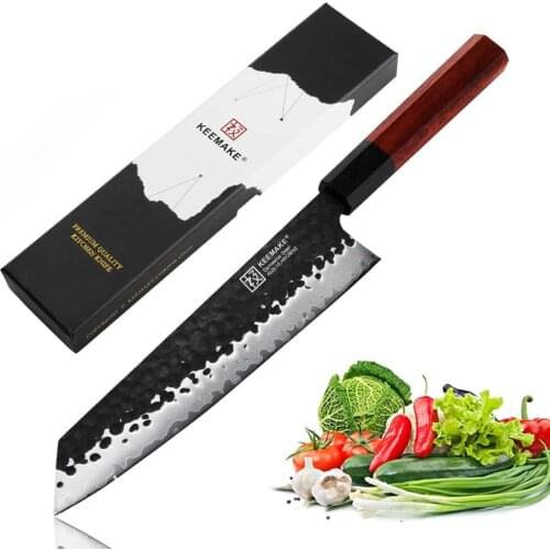KEEMAKE 8'' Chef Knife Japanese Damascus AUS-10 Steel Sharp Blade Kitchen Knives Octagonal Ebony+Red Rosewood Handle Meat Cutter