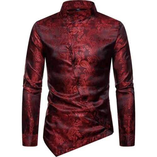 Oblique Button Up Shirt Men Hipster Mandarin Collar Long Sleeve Shirt Mens Party Wedding Party Paisley Dress Shirts Chemise XXL