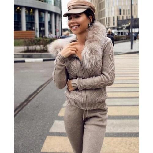 Luxury two pieces big real fur cashmere wool suits female Beading mink cashmere Knit Pullover fur tops + wool pants sets F654