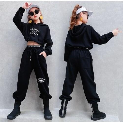 Cool Hip Hop Kids Street Dance Clothing For Girls Black Hoodies Suit Jazz Dance Costume Stage Hiphop Performance Wear BL4810