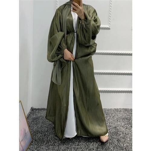 Eid 2021 Summer Women Kimono Open Abaya Dubai Imitated Silk Fabric Islamic Arabic Muslim Hijab Dress Plain Duster Cardigan Coat