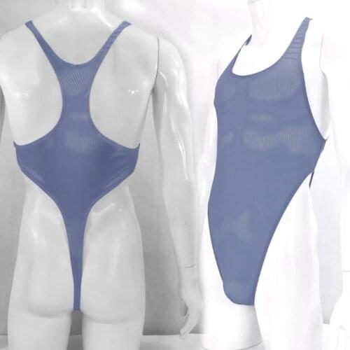 G428Q Mens bodysuit Thong Leotard High Cut Racer BacNylon spandex Stripes Semi C-thru Stretchy