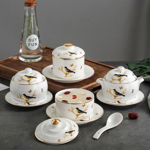 Creative Golden Silk Bird Ceramic Dishes Bowl Set with Cover Bowl Hotel Service Tray Kitchen Storage Supplies
