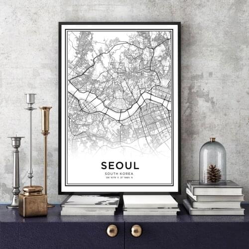 South Minimalsit Korea Seoul City Map Nordic Black and White Wall Art Pictures Posters and Prints for Living Room Home Decor