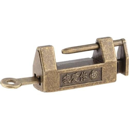 Padlock Old Chinese Character "Darling / I love you" Lock Vintage Antique Bronze Keyed Retro Jewelry Box Cabinet Drawer Decor