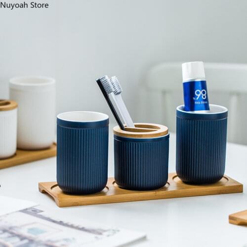 Simple Home Bathroom Decoration Black Striped Tooth Brushing Cup/toothbrush Holder/wood Tray Solid Color Bathroom Supplies