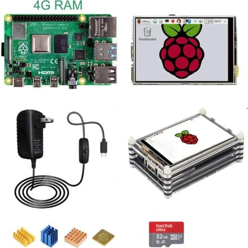 Raspberry Pi 4 Model B 4G with 3.5inch LCD Display RPI4 Acrylic Case RPI 4B 5V 3A Power Adapter 32G SD Card Cooper Heat Sink