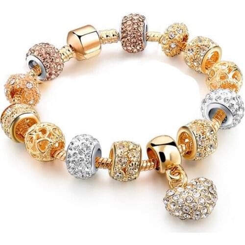 Gold Color Heart Crystal & Class Beads Charm Bracelets Fits Original DIY Brand Bracelet Bangles For Women Men Lover Jewelry Gift