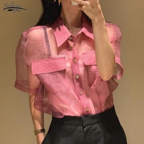 Chic Short Sleeve Women Shirt Summer 2021 Loose Shirt Perspective Women Tops Korean Fashion OL Style Pockets Thin Blouse 15351