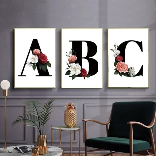 Nordic A To Z Black Alphabet Flower English Letter Canvas Painting Poster and Prints Wall Art Picture for Living Room Home Decor