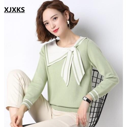 XJXKS Long Sleeve Sweater Women Autumn Winter Loose Turn-down Collar Knitted Casual Clothes Solid Tops High Quality Pullover