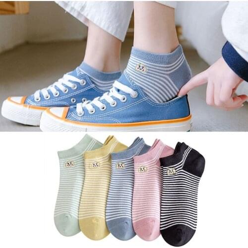 Spring And Summer Women Cotton Cute Short Heel Stripe Boat Socks Exquisite Embroidered Cartoon Breathable Shallow Mouth Female