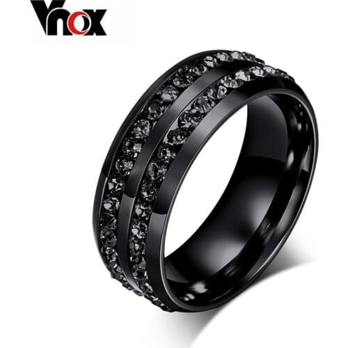 Vnox Black Crystal Rings For Women Stainless Steel Rhinestone Wedding Ring USA Size