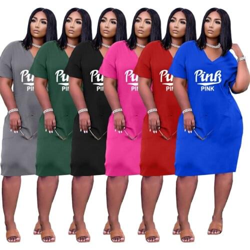 Somoshein S-3XL women clothing casual dress loose solid color printing V neck short sleeve dresses Wholesale Dropshopping