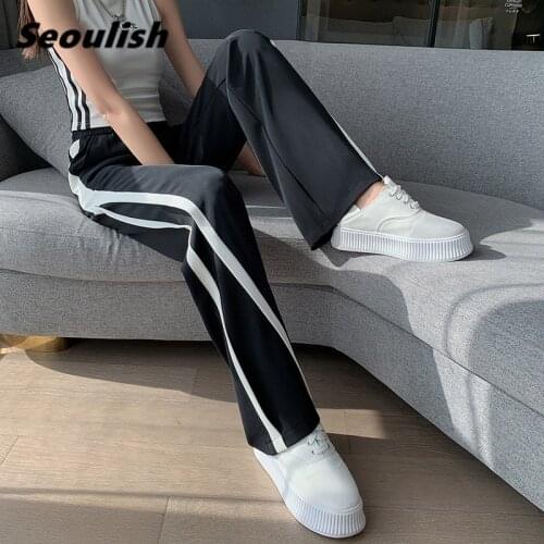 Seoulish 2021 New Casual Wide Leg Womens Pants Black White Patchwork High Waist Female Lace Up Loose Trousers Spring Summer