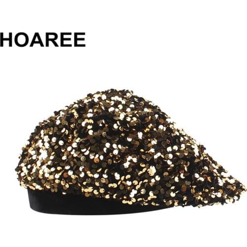 Golden Ladies Sequin Berets Caps for Women Hand-stitched Shining Embroidery Painter Hat Women French Cap Pillbox Fascinators