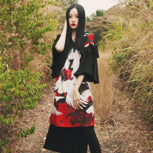 2021 Woman Japanese Kimono Style New Spring V neck Splicing Flare Sleeves lace up Crane Print Asymmetry Dress