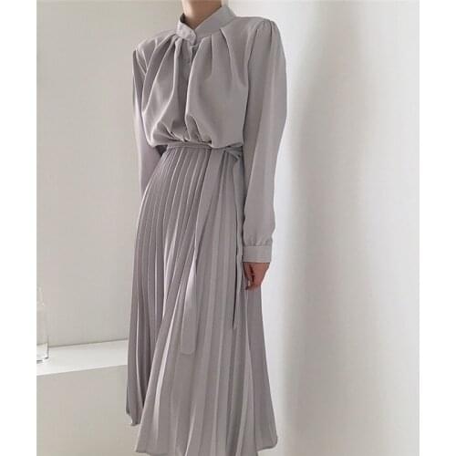 Aibeautyer New 2021 High Waist Korean Oversize Elegant Lace Up Pleated Long Dress Womens Spring Summer Shirt Dresses