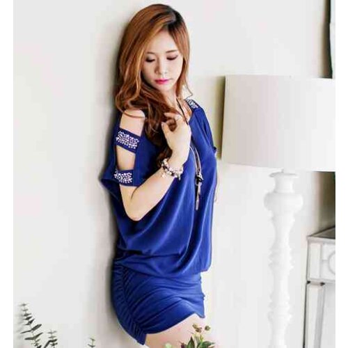 Women Summer Dress Korean Style Sexy Clubwear Off Shoulder Beading Bodycon Short Sleeve Mini Dress Black Red Blue D27