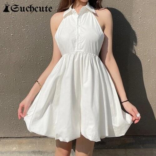 SUCHCUTE Summer Halter Mini Dress Women Sexy Backless Party Club Outfits A-Line Dress Solid White Streetwear 90s Ball Gown Dress