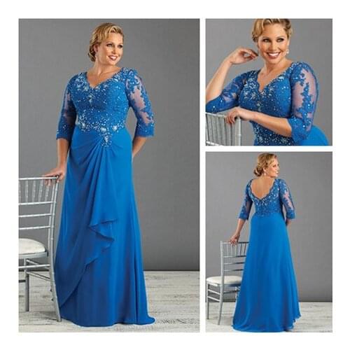Blue 3/4 sleeve V-Neck vestido de madrinha crystal appliques Vestido Mae Da Noiva Plus Size New 2015 Mother Of Bride Dresses