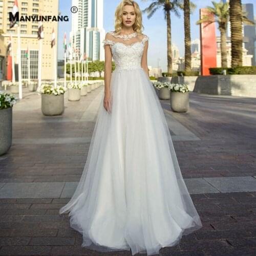 2021 Hot Sale Cap Sleeve Beading Embroidery Appliques Tulle A-Line Wedding Dress High-End O-Neck Sweep Train Lace Up Bridal Gown