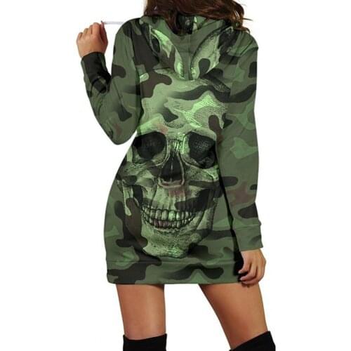 Camouflag Skull Sweatshirt Dress Women Long Sleeve Casual Hooded Pullover Print Mini Dress Vestido De Mujer Женское Платье