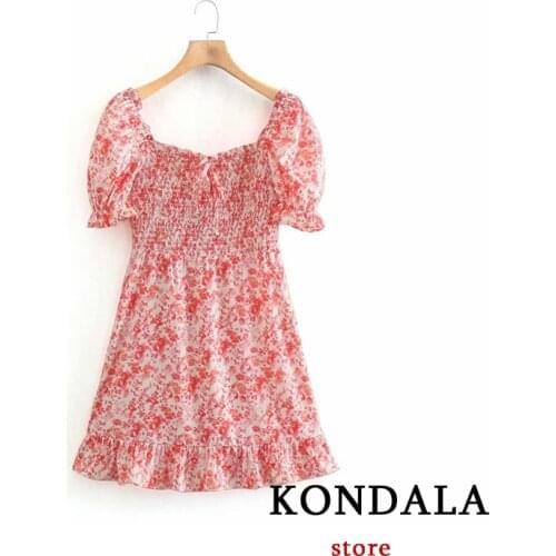 KONDALA Women Red Dress Za Fashion 2021 Summer Vintage Floral Print Party Puff Sleeeve Dresses Female Sweet Chic Vestidos