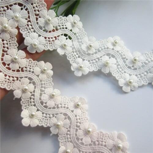 1m White Pink Cotton Pearl Flower Waves Lace Trim Embroidered Lace Ribbon Fabric Sewing Craft For Costume Clothes Decoration 6cm