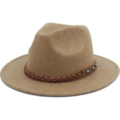 100% Wool Womens Mens Chapeu Feminino Fedora Hat For Gentleman Woolen Wide Brim Jazz Church Cap Panama Top Sun Hat 20