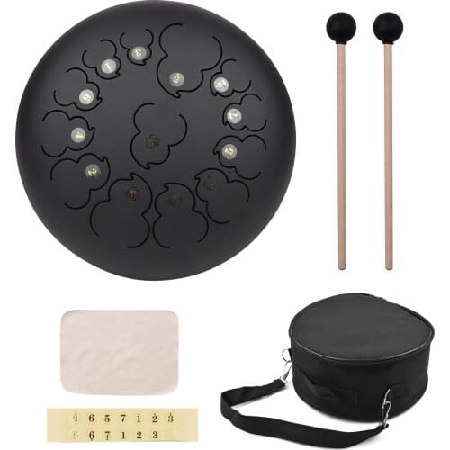 12-inch 13-Tone Steel Tongue Drum D Key Percussion Instrument Hand Pan Drum with Drum Mallets Carry Bag Music Book