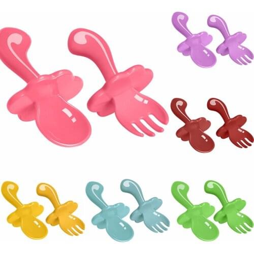 2Pcs/Set Children Tableware Baby Fork Spoon Dishware Short Handle Spoon+ Fork Set Solid Color Baby Training Spoon Safety PP Cute